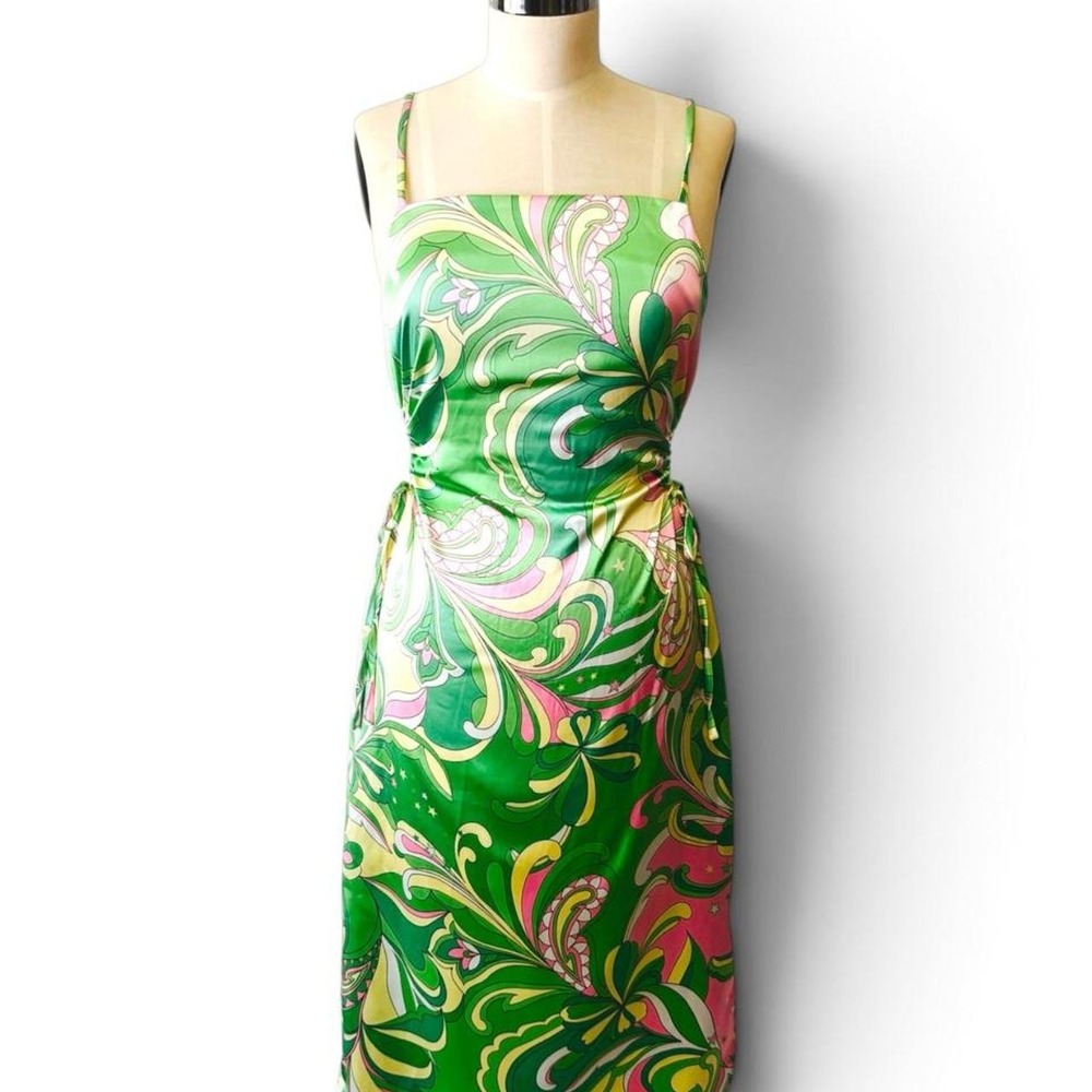 Christian Lacroix Green, pink, and yellow paisley print midi dress‎